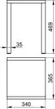Keuco Hocker mit quadratischer Ablagefläche und vier Beinen. Die Konstruktion zeigt eine Kombination aus Aluminium und einem schwarzen Finish. Maße und Details sind im Bild dargestellt.